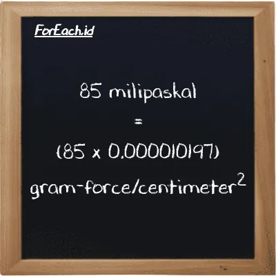 Cara konversi milipaskal ke gram-force/centimeter<sup>2</sup> (mPa ke gf/cm<sup>2</sup>): 85 milipaskal (mPa) setara dengan 85 dikalikan dengan 0.000010197 gram-force/centimeter<sup>2</sup> (gf/cm<sup>2</sup>)